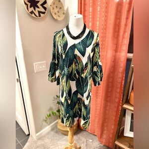 Tropical Leaf Midi Dress with Ruffle Sleeves